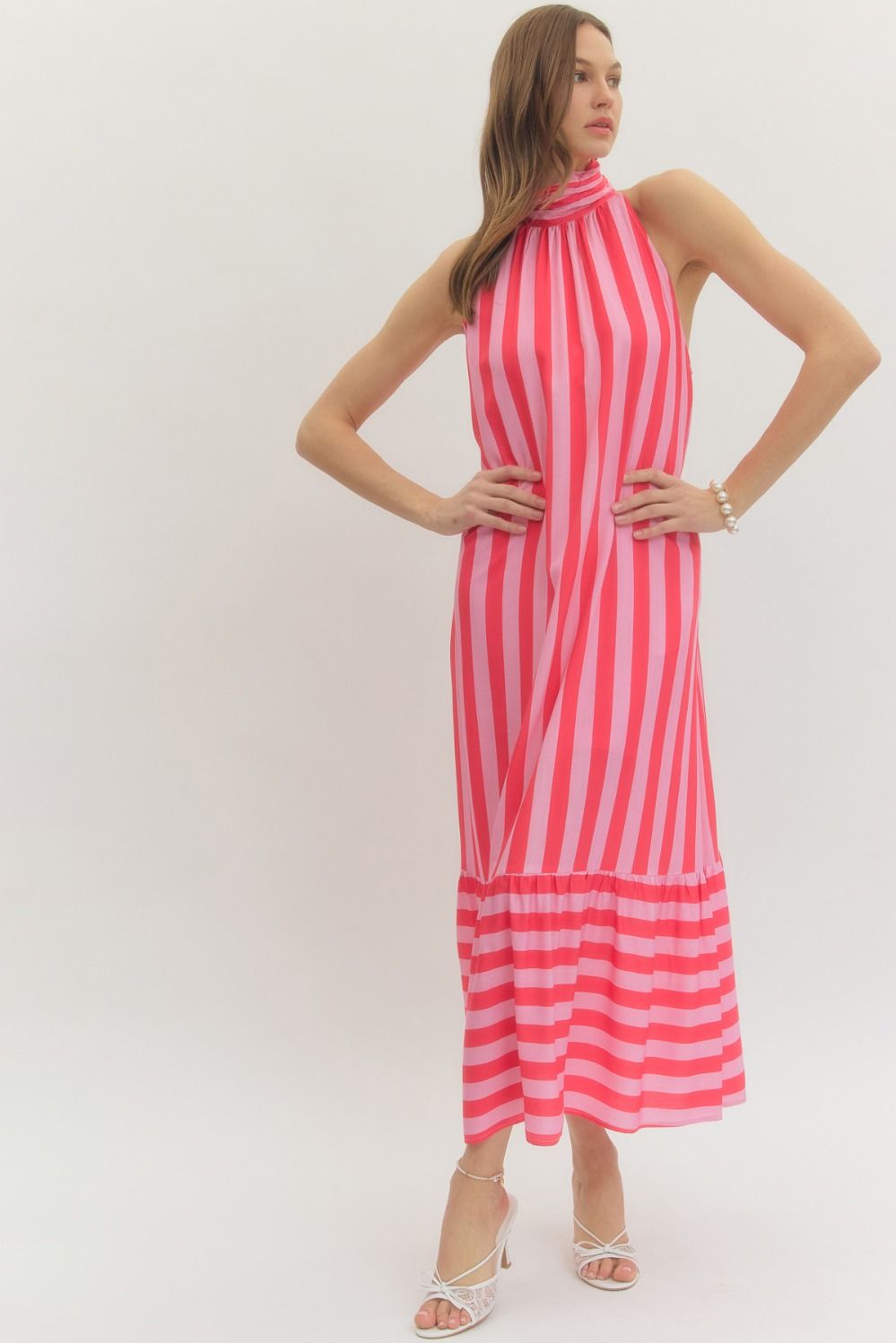 Delphi Stripe Halter Midi Dress Pink / M Delphi Stripe Halter Midi Dress Pink / M