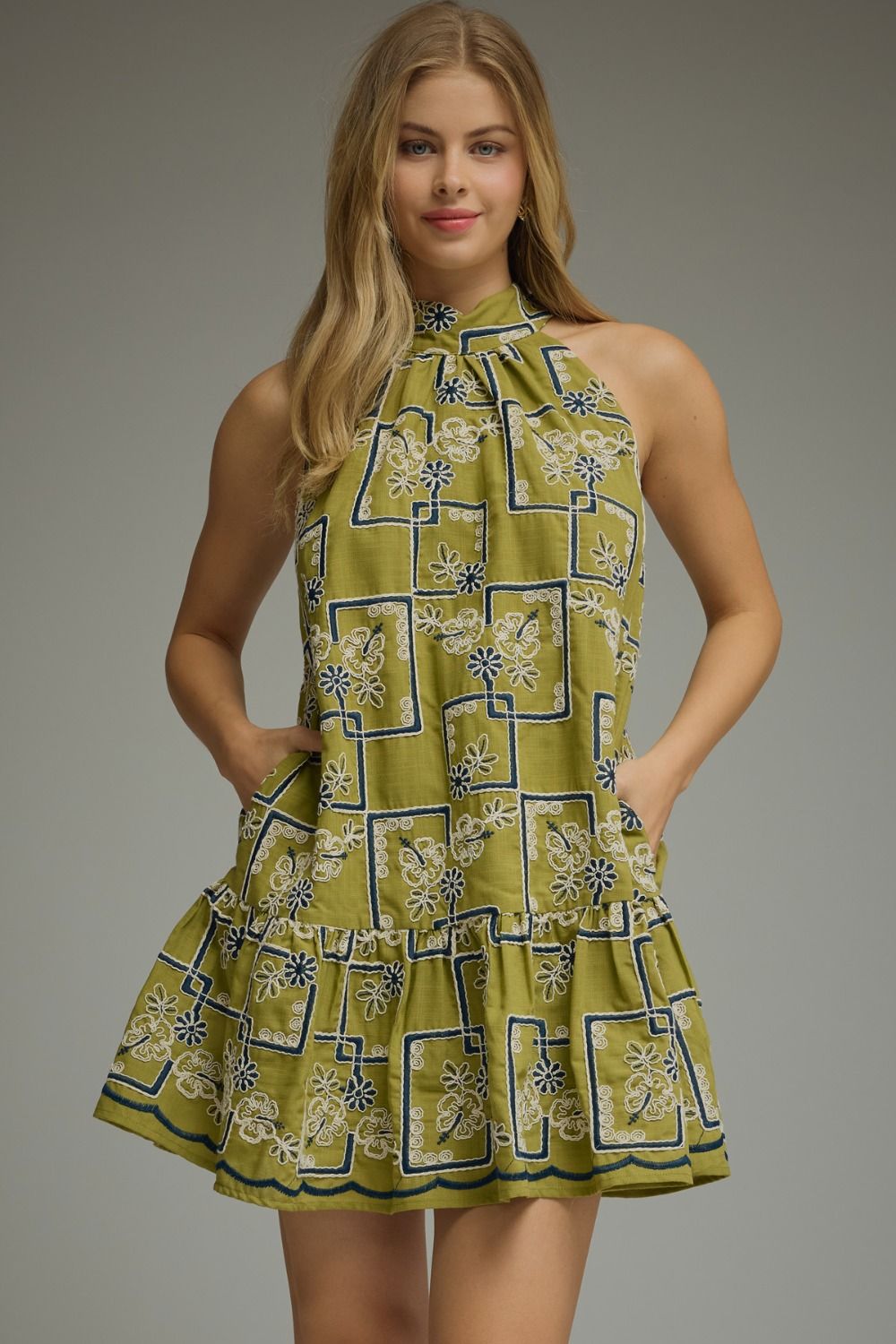Verdant Mosaic Ruffle Dress
