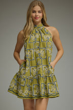 Verdant Mosaic Ruffle Dress