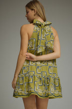 Verdant Mosaic Ruffle Dress