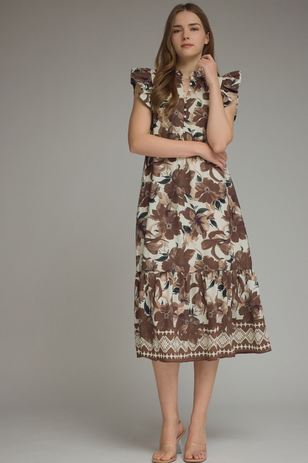 Rosalind Ruffle-Sleeve Floral Midi Dress