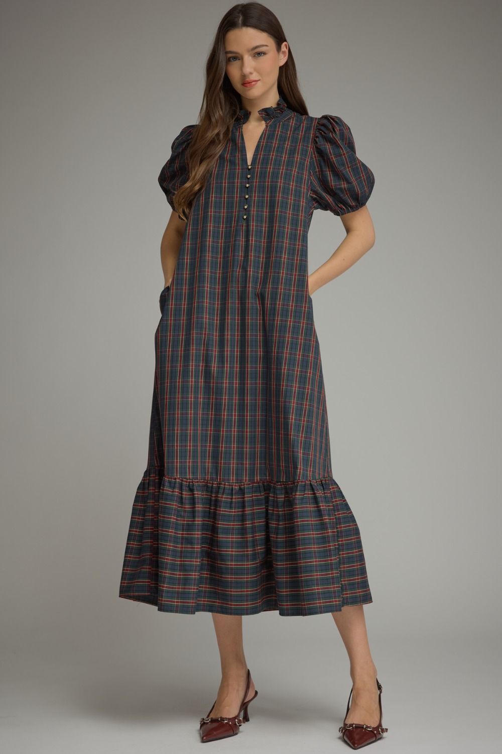 Zyla Ruffle Collar Midi Dress