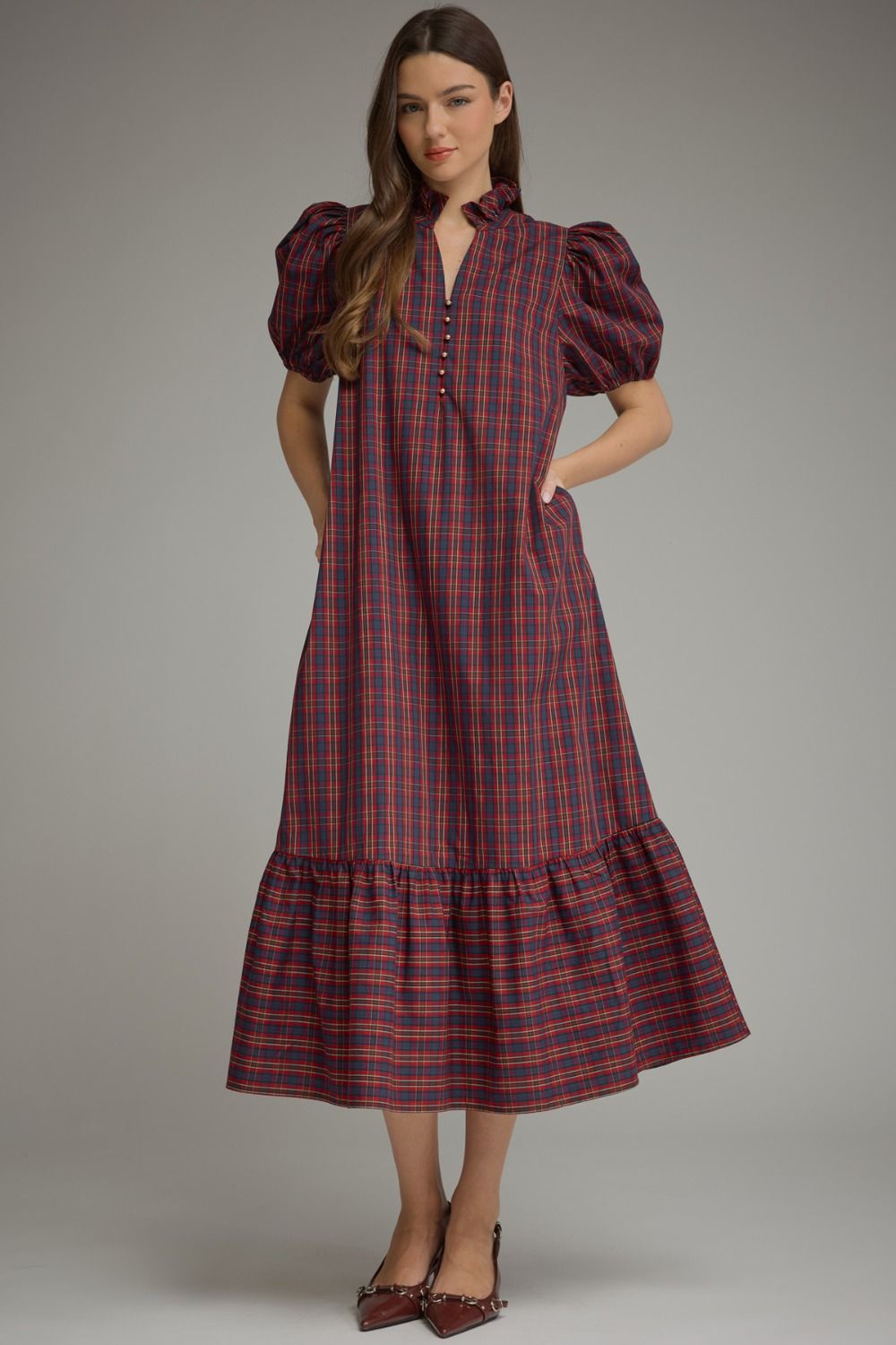 Zyla Ruffle Collar Midi Dress