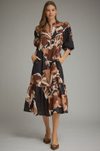 Isolde Abstract-Floral Puff-Sleeve Midi Dress