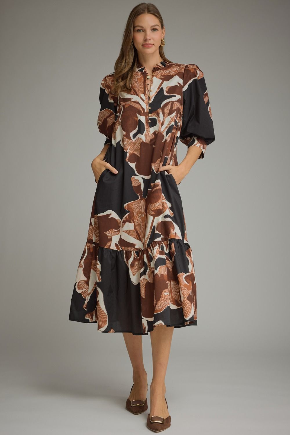 Isolde Abstract-Floral Puff-Sleeve Midi Dress