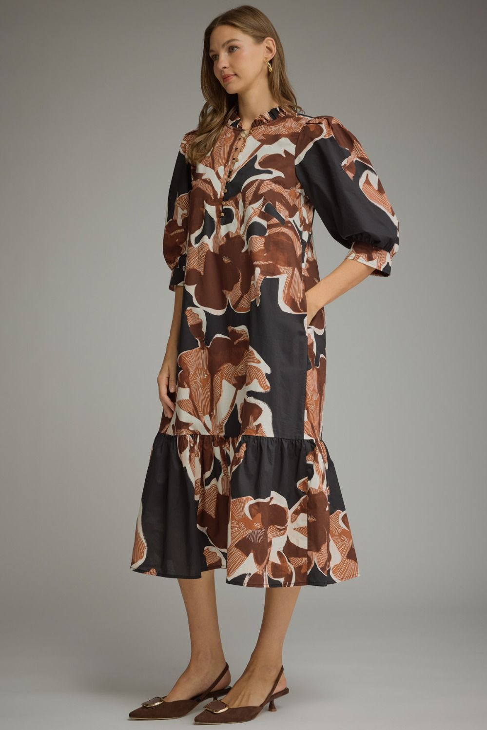 Isolde Abstract-Floral Puff-Sleeve Midi Dress