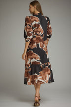 Isolde Abstract-Floral Puff-Sleeve Midi Dress