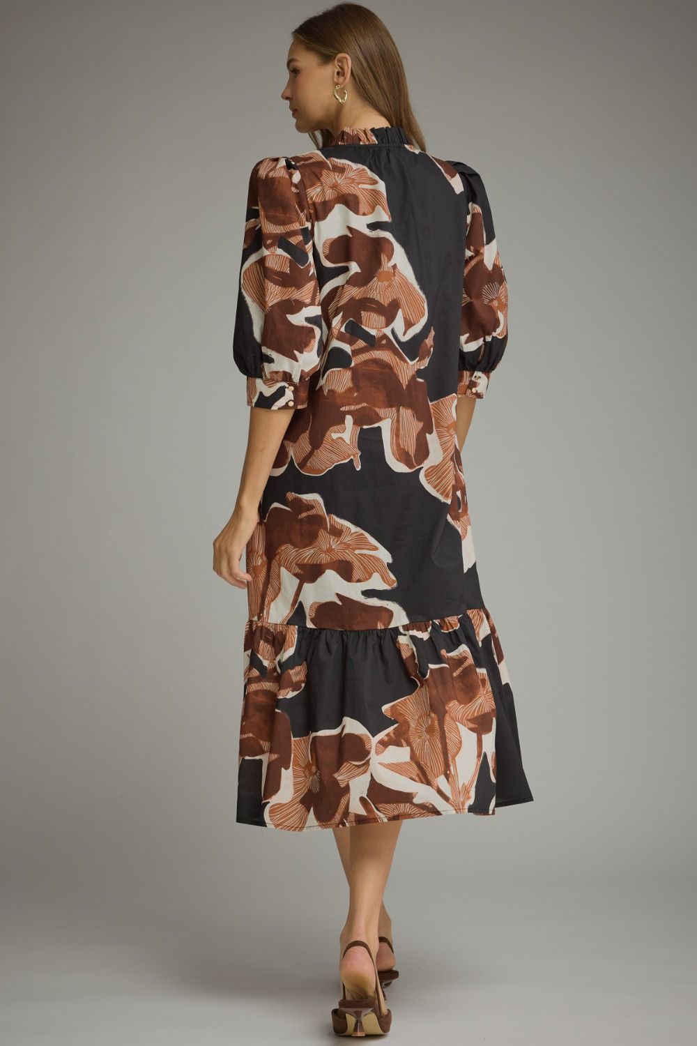 Isolde Abstract-Floral Puff-Sleeve Midi Dress