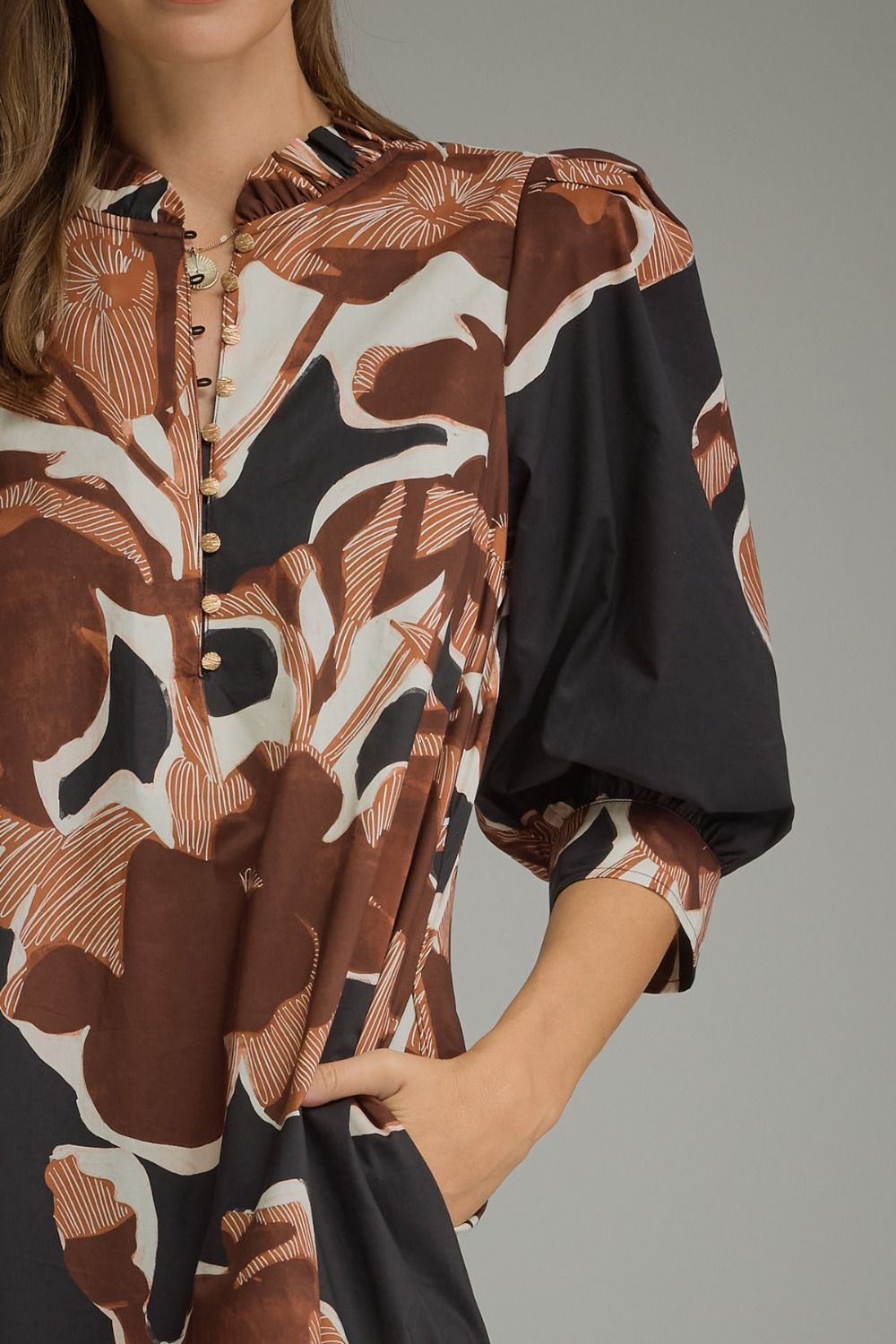 Isolde Abstract-Floral Puff-Sleeve Midi Dress