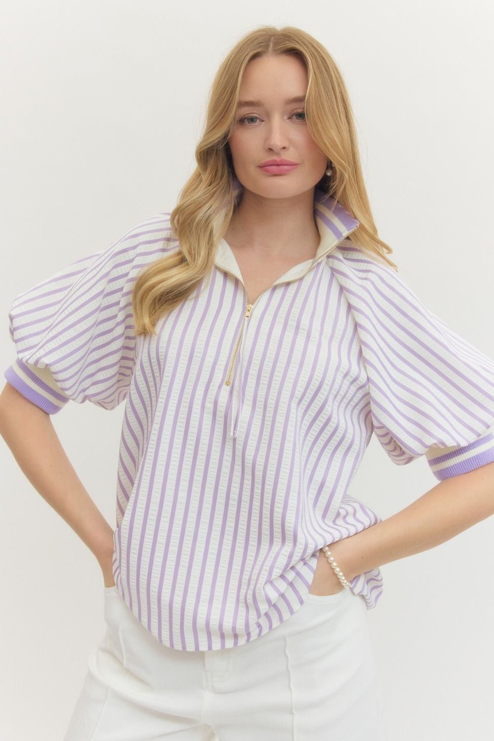 Seersucker High Collar Popover Blouse