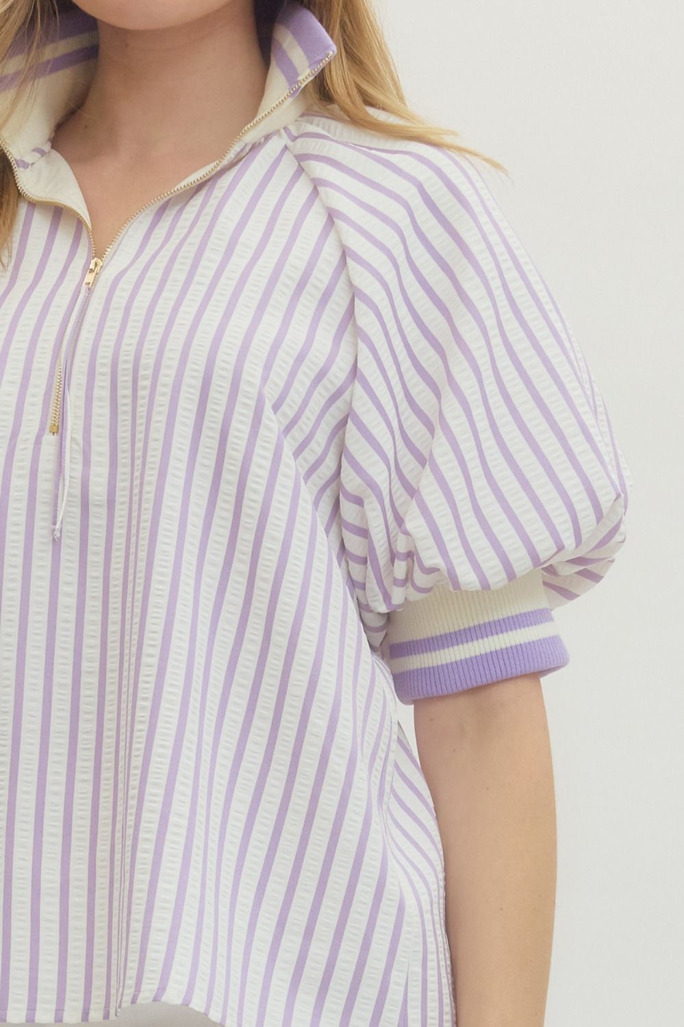 Seersucker High Collar Popover Blouse