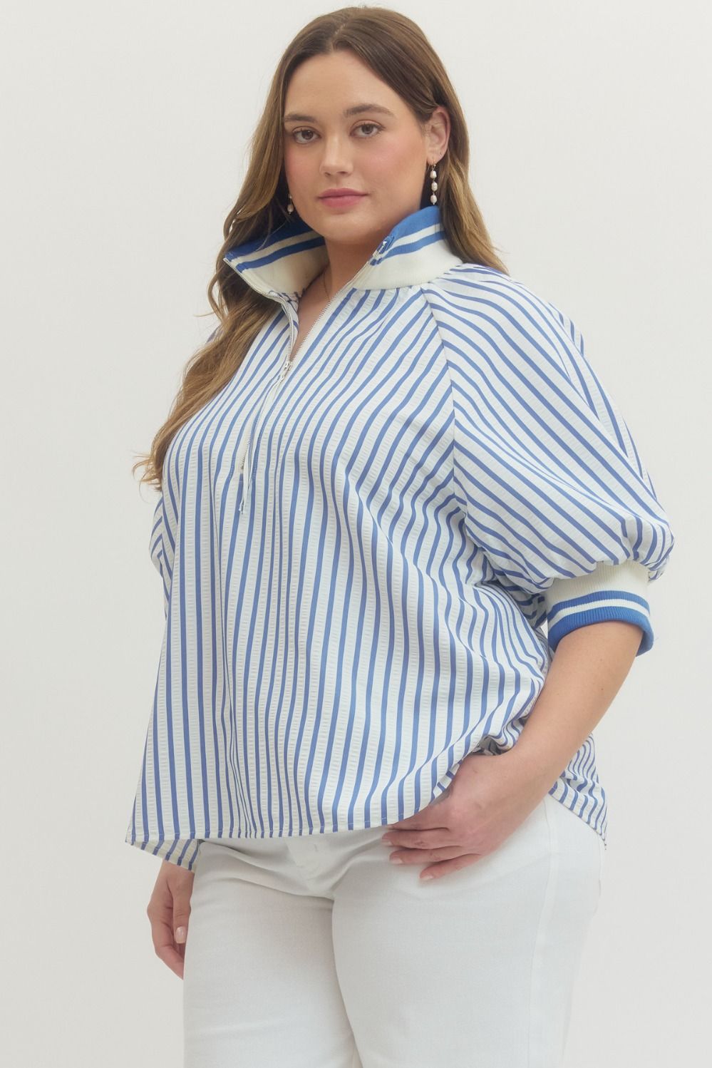 Seersucker High Collar Popover Blouse