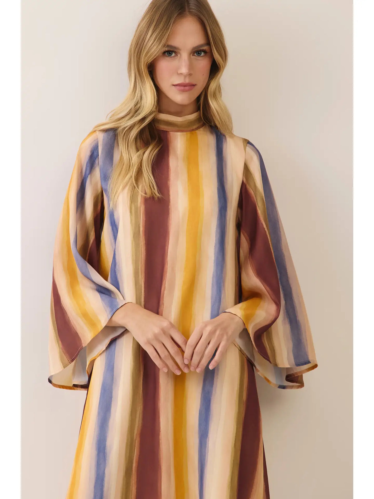 Watercolor Striped Tie Neck Maxi Dress