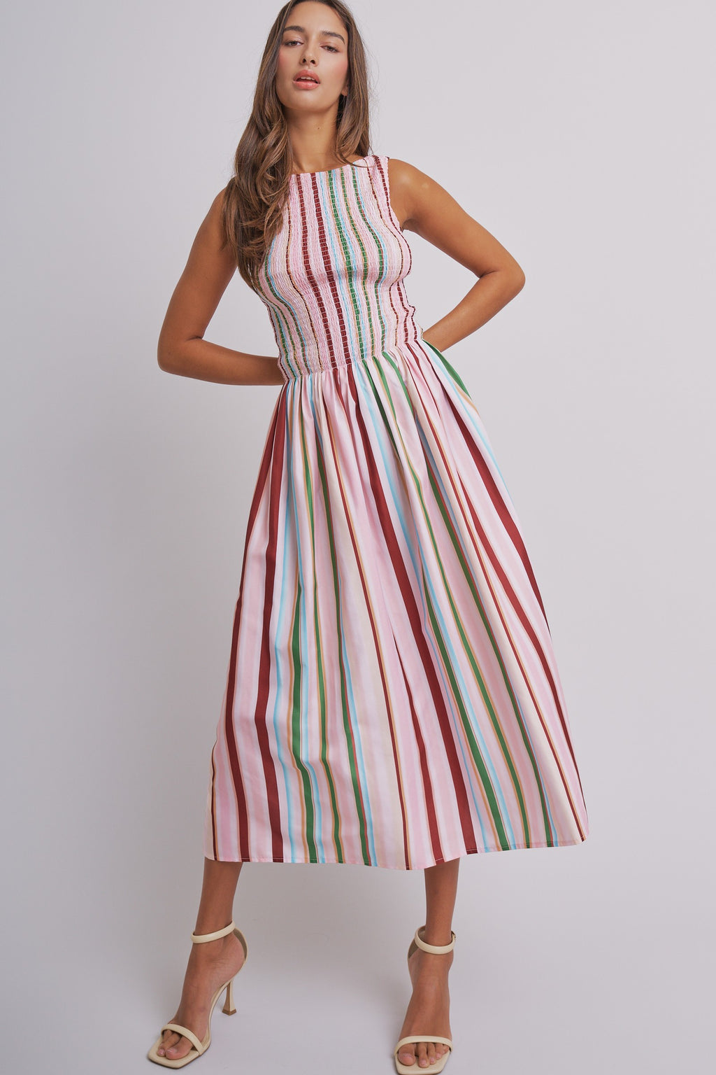 Candy Stripe Smocked Midi Dress