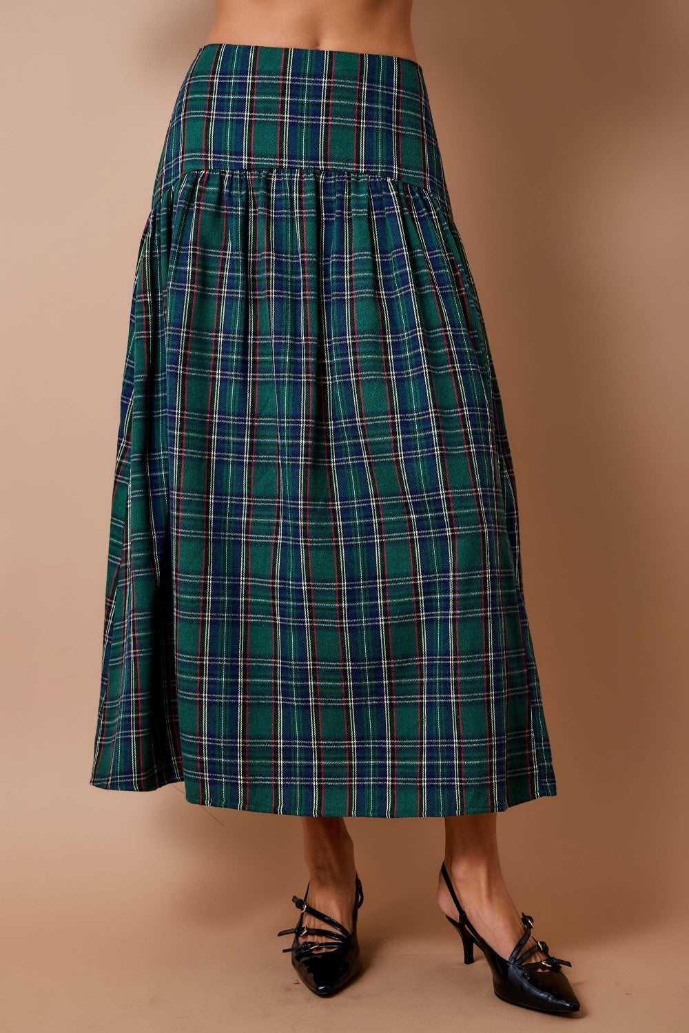 Noelle Plaid Curved-Yoke Maxi Skirt