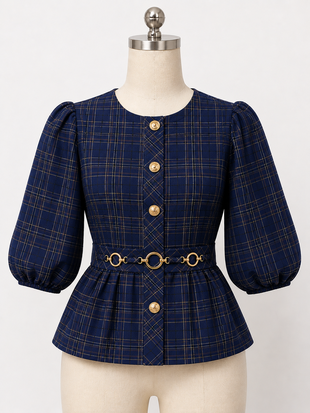 Claire Plaid Ring Button Blouse