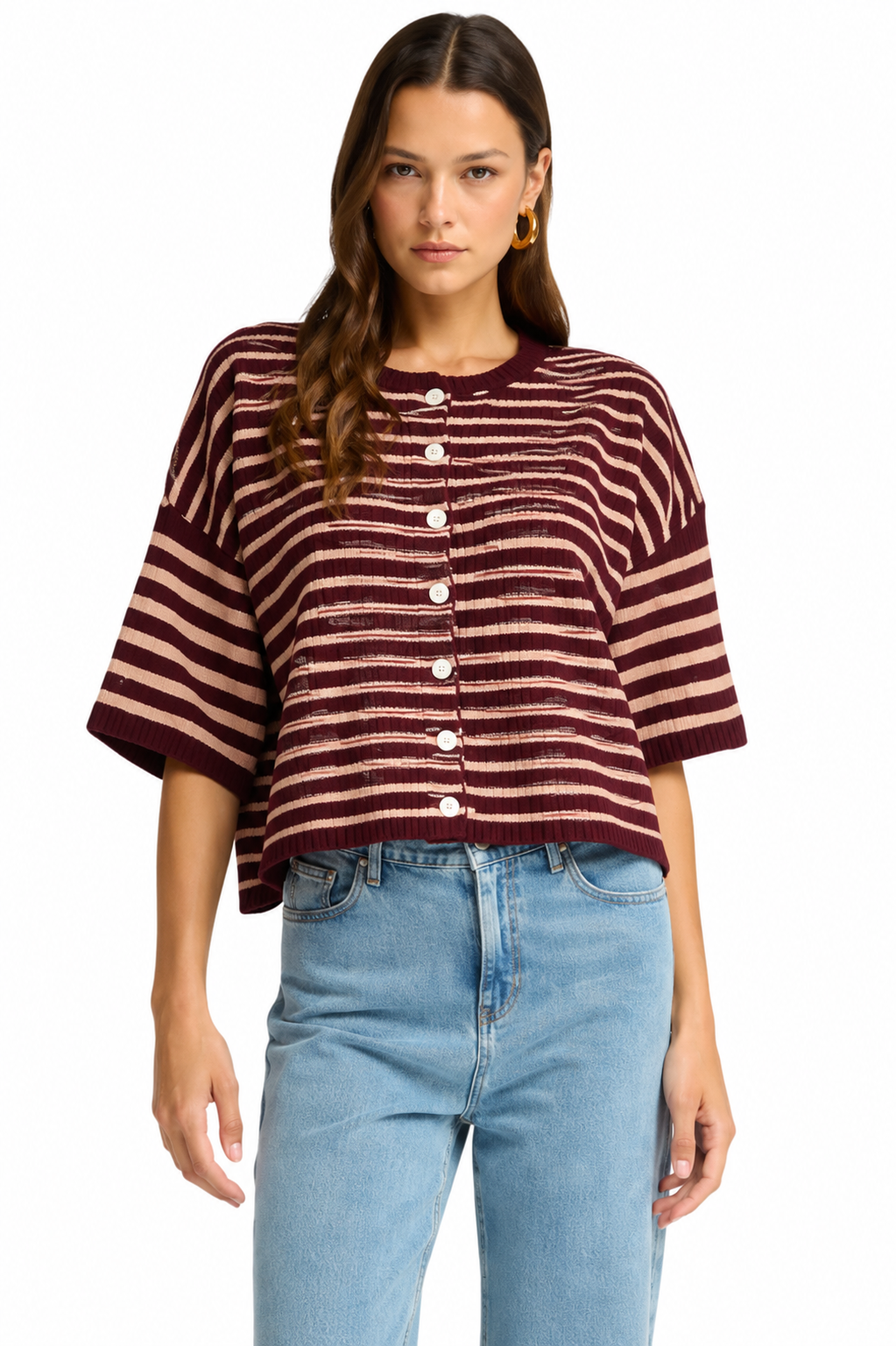 Striped Knit Button Top