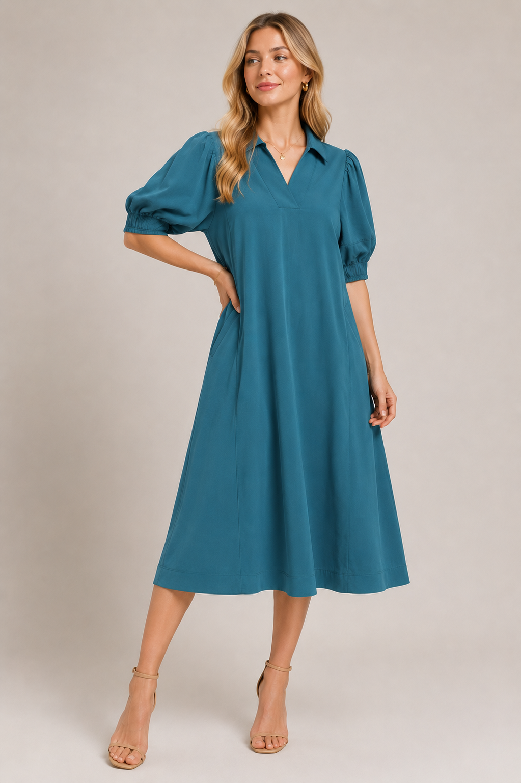 Calla Puff Collar Midi Dress