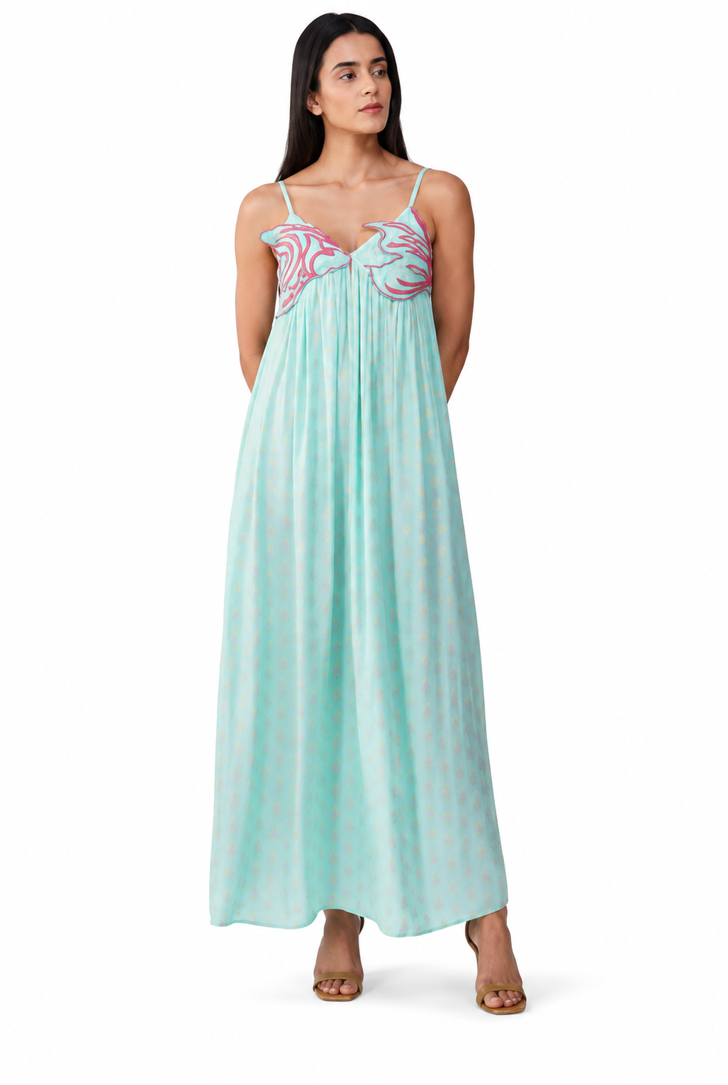 Embellished Aqua Ariel Flared Maxi Dress