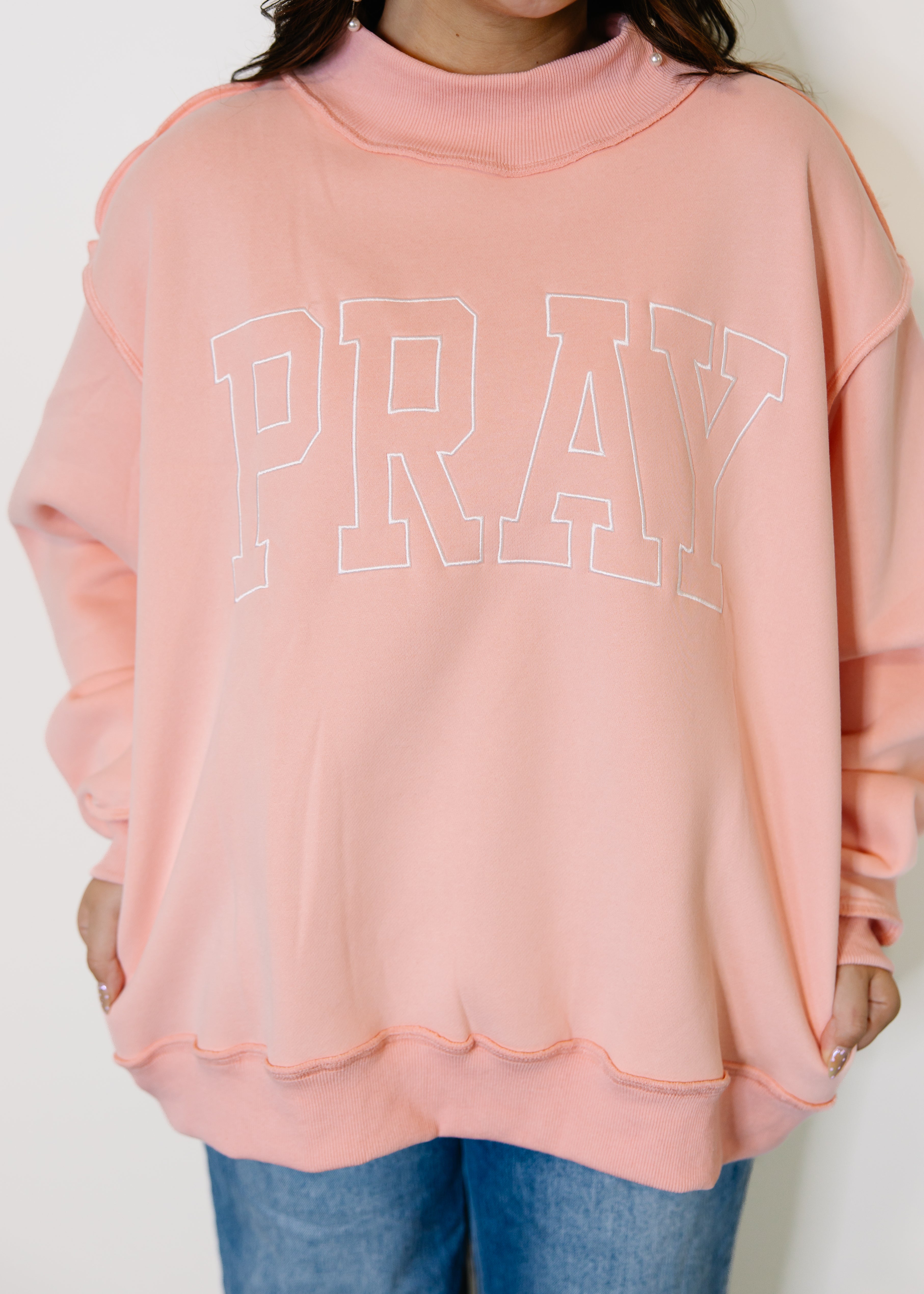 Pray Embroidered Mock Neck Sweatshirt
